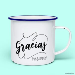 Taza retro metálica. Personalizada. Modelo Gracias taza para boda metalica personalizada gracias azul
