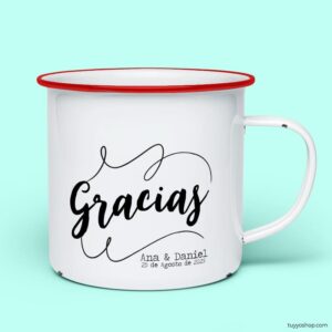 Taza retro metálica. Personalizada. Modelo Gracias