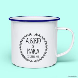 Taza retro metálica. Personalizada. Modelo Laurel taza para boda metalica personalizada laurel azul