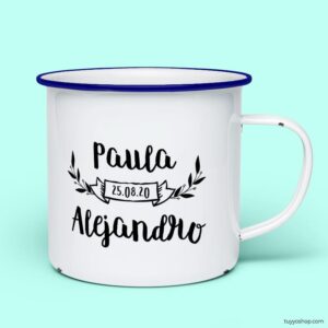 Taza retro metálica. Personalizada. Modelo Paula taza para boda metalica personalizada paula azul