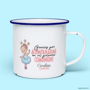 Taza retro metálica comunión. Personalizada. Modelo bailarina taza para comunion metalica personalizada bailarina azul