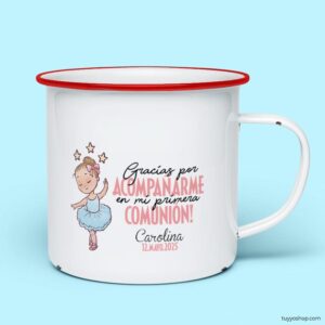 Ultimos regalos para invitados añadidos taza para comunion metalica personalizada bailarina rojo