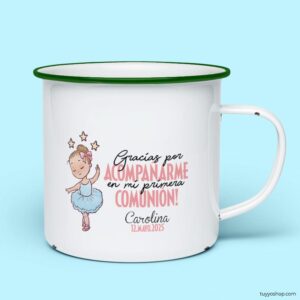 Taza retro metálica comunión. Personalizada. Modelo bailarina taza para comunion metalica personalizada bailarina verde