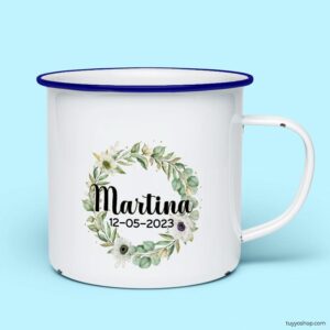 Taza retro metálica comunión. Personalizada. Modelo corona floral taza para comunion metalica personalizada corona azul