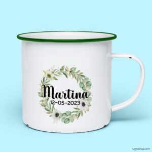 Taza retro metálica comunión. Personalizada. Modelo corona floral taza para comunion metalica personalizada corona verde