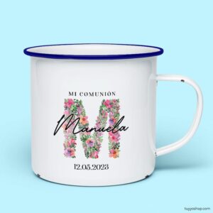 Taza retro metálica comunión. Personalizada. Modelo inicial floral taza para comunion metalica personalizada inicial floral azul