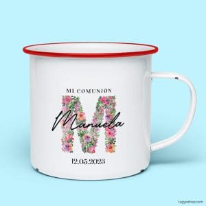 Ultimos regalos para invitados añadidos taza para comunion metalica personalizada inicial floral rojo