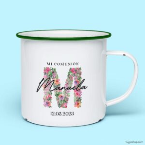 Taza retro metálica comunión. Personalizada. Modelo inicial floral taza para comunion metalica personalizada inicial floral verde