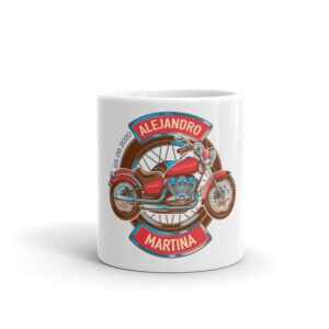 Taza personalizada para boda moto race.