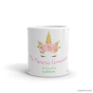 Taza para comunión. Personalizada. Glitter unicornio.