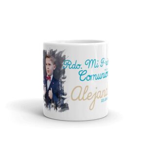 Taza para comunión. Personalizada. Efecto pincel. Tonos azules