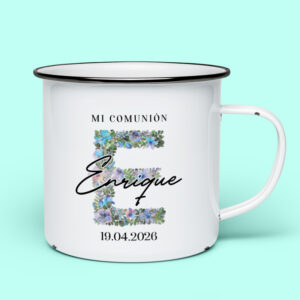 Taza metal retro para Comunión personalizada Inicial azul