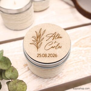 Ultimos regalos para invitados añadidos vela latita para boda modelo botanical