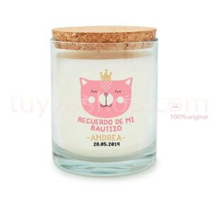 Vela para bautizo. Modelo Cat Princess. Personalizable. Tapón de corcho.