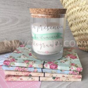 Velas para boda personalizada. Modelo Málaga. Tapón de corcho.