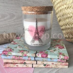 Velas para boda personalizada. Modelo Torre Eiffel. Tapón de corcho.