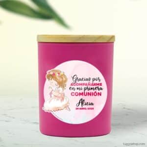 Ultimos regalos para invitados añadidos vela para comunion rosa chica rezando