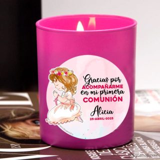 Vela de comunión, pink, tapa de madera, personalizada, chica rezando