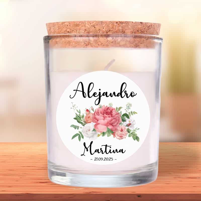 Velas para boda personalizada, modelo bouquet, tapón de corcho