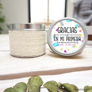 Vela para comunión en latita, personalizada, modelo arcoíris velas en latita para comunion modelo arcoiris