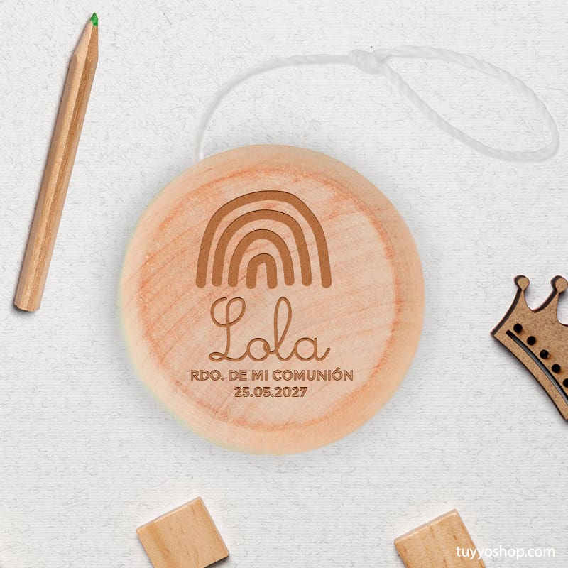 Yo-yo de madera personalizado para comunión, modelo Rainbow yoyo madera para comunion rainbow