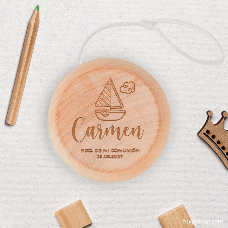 Yo-yo de madera personalizado para comunión, modelo barquito yoyo madera personalizado comunion barquito