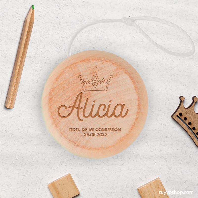 Yo-yo de madera personalizado para comunión, modelo corona yoyo madera personalizado comunion