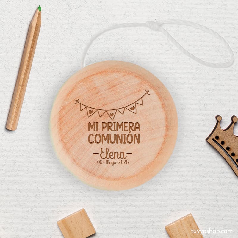 Yo-yo de madera personalizado para comunión guirnalda yoyo personalizado comunion laser guirnalda2
